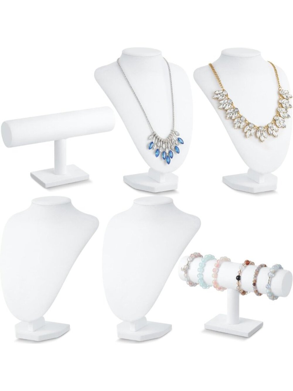 6-Piece Velvet Jewelry Display Set - Necklace Stand, T-Bar Bracelet Holder, Bust